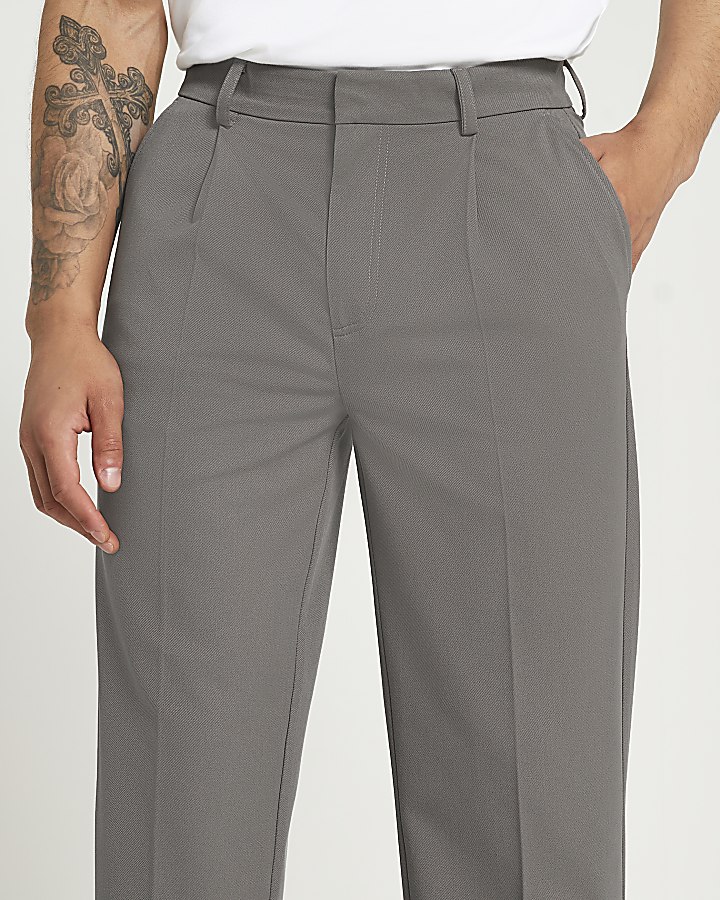 Grey twill tapered fit trousers