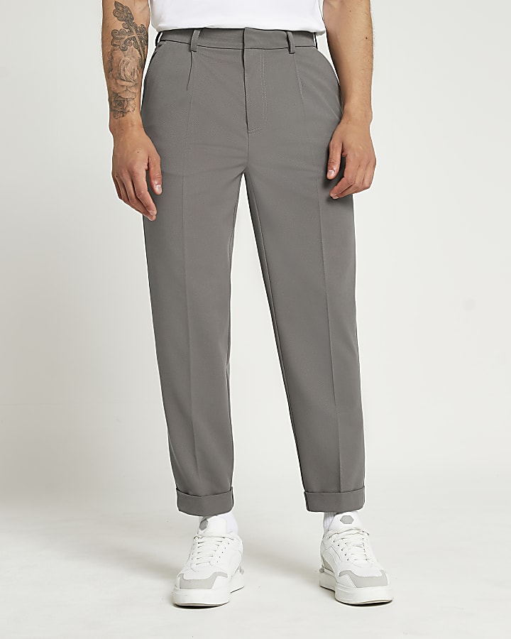 Grey twill tapered fit trousers