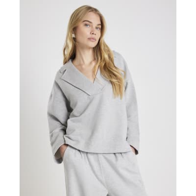 Grey V Neck Collared Sweatshirt