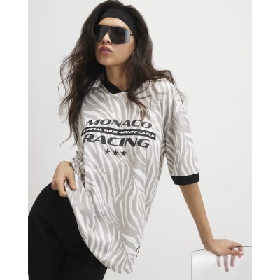 Grey V Neck Zebra Print Sporty T-shirt
