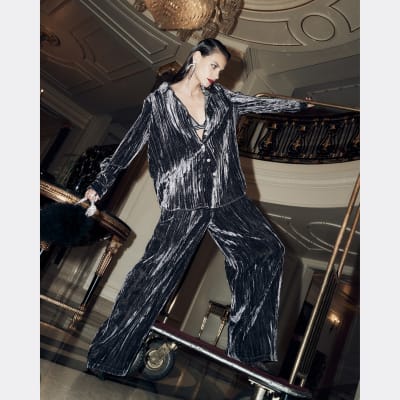 Grey Velvet Wide Leg Trousers