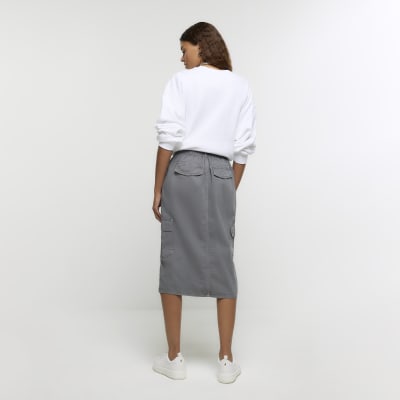 Grey Washed Cargo Midi Denim Skirt | River Island