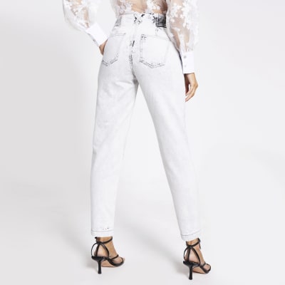Grey washed tapered high rise jeans