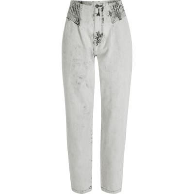 Grey washed tapered high rise jeans