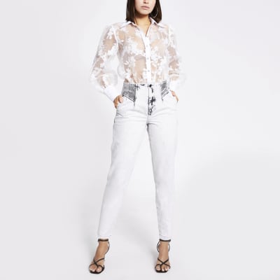 Grey washed tapered high rise jeans