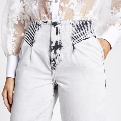 Grey washed tapered high rise jeans