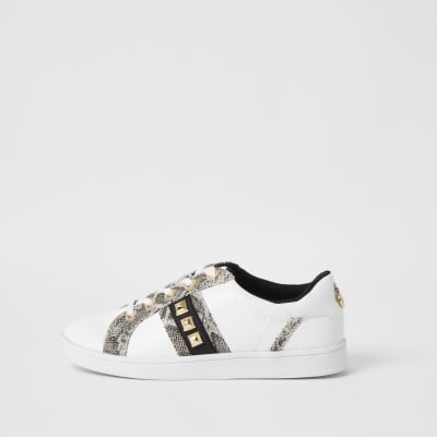 Grey wide fit snake print jewelled trainer | River Island
