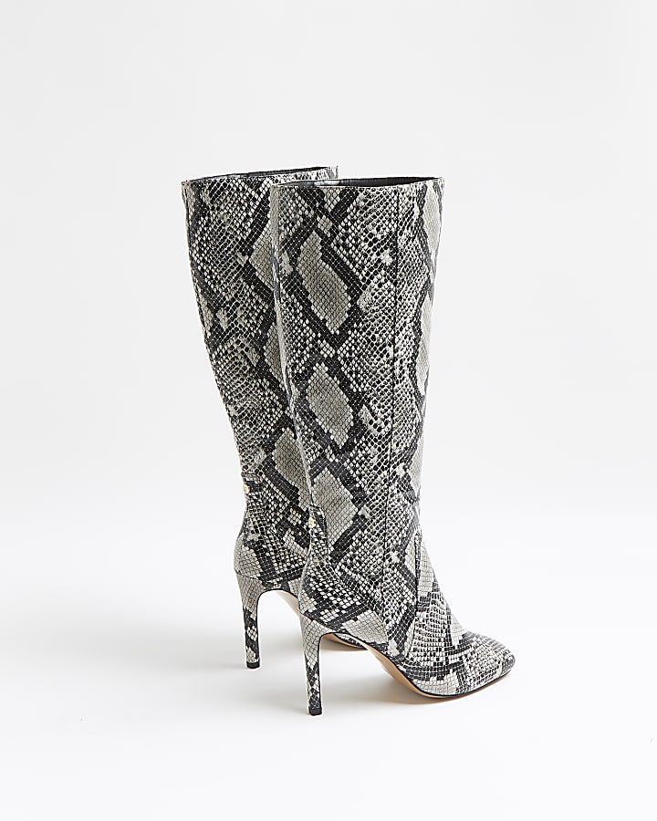 Grey wide fit snake print knee high boots