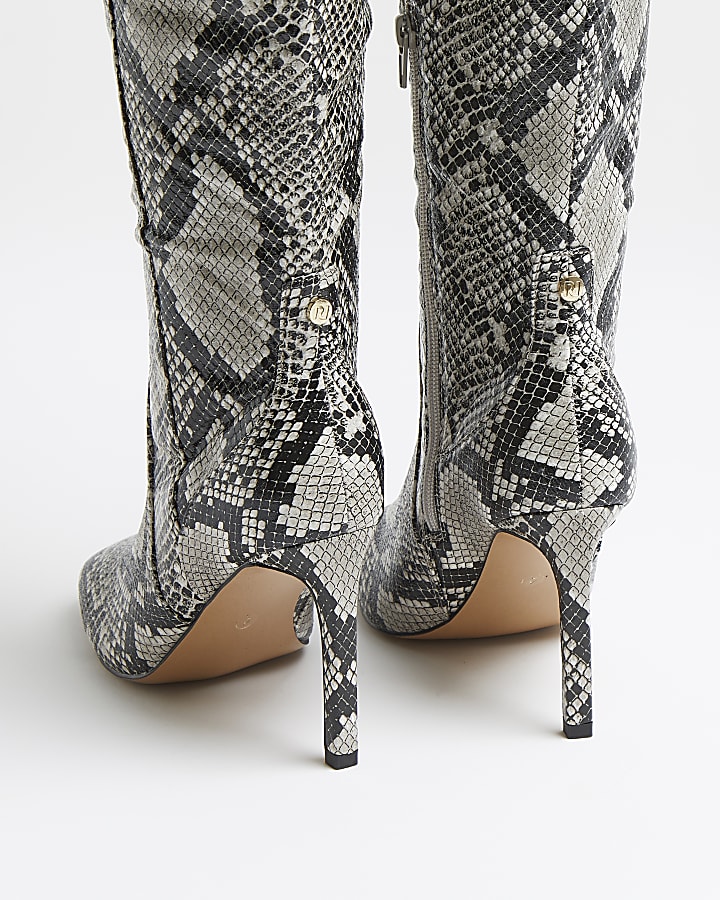 Grey wide fit snake print knee high boots