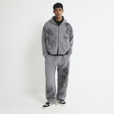 Grey Wide Leg Dragon Print Joggers