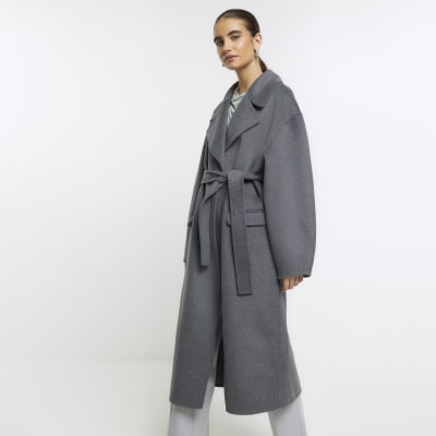 Belted grey coat in wool