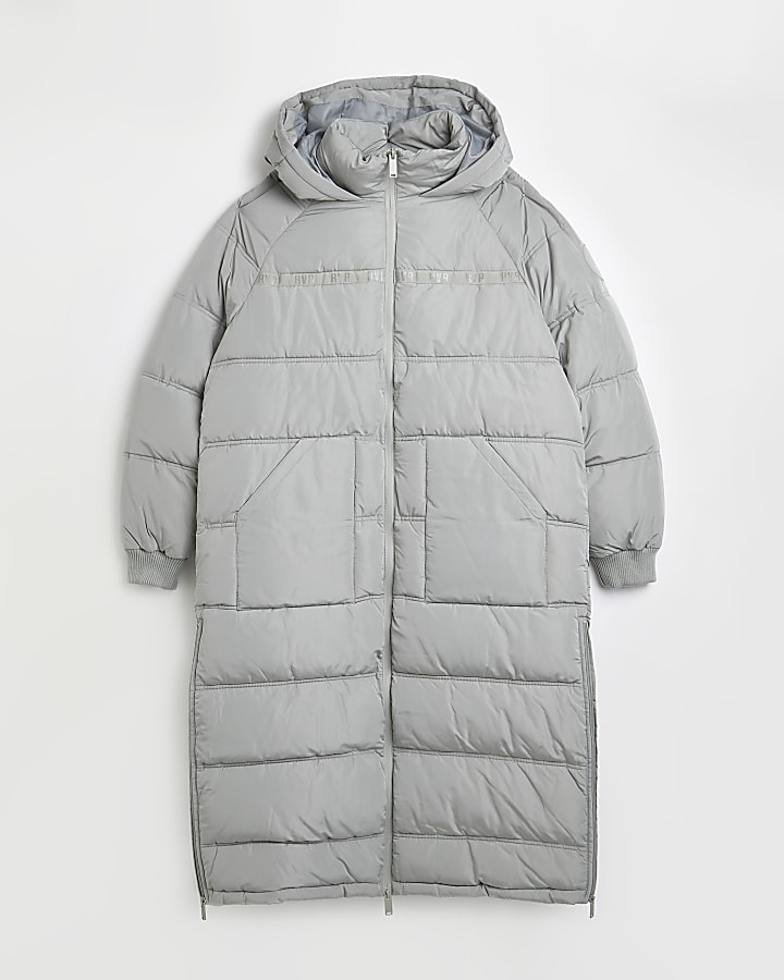 Grey zip detail longline puffer coat