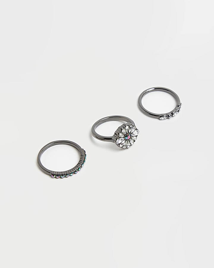 Gunmetal diamante rings multipack