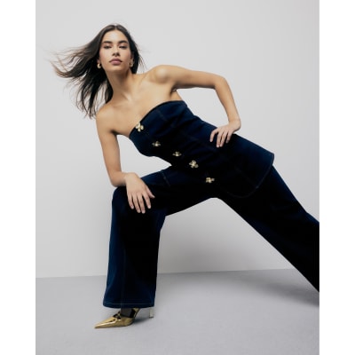 Indigo Denim Buttoned Bandeau Jumpsuit