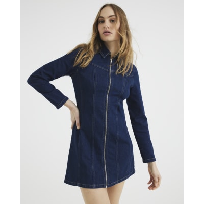 Indigo Denim Long Sleeve Zip Front Mini Dress