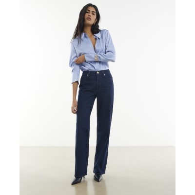 Womens Blue Relaxed Straight Leg Jeans