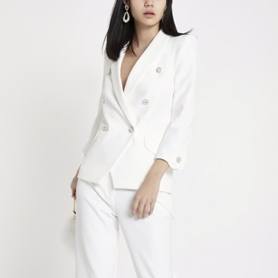 Ivory faux pearl double breasted blazer
