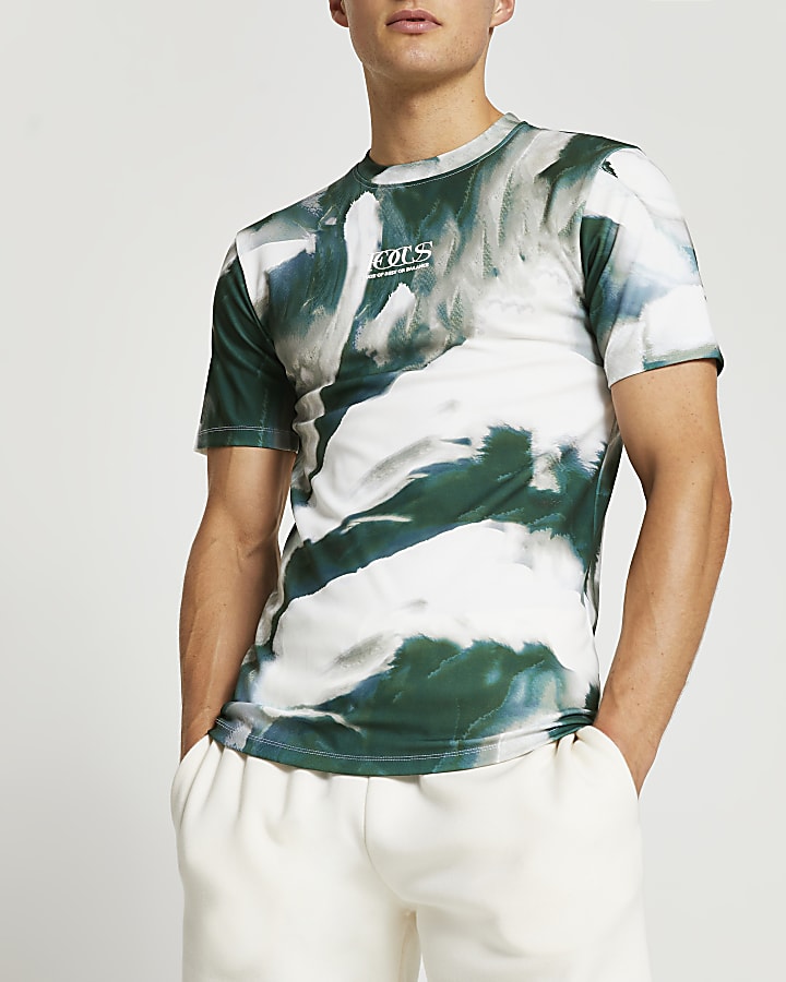 Khaki abstract print muscle fit t-shirt