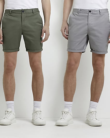 Khaki and grey slim fit chino shorts 2 pack