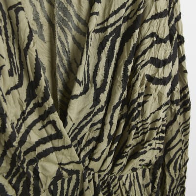 Khaki animal print crinkle midi dress
