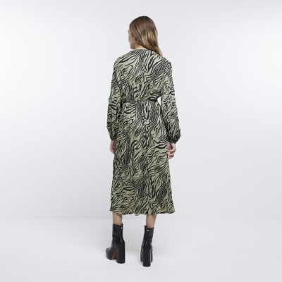 Khaki animal print crinkle midi dress | River Island