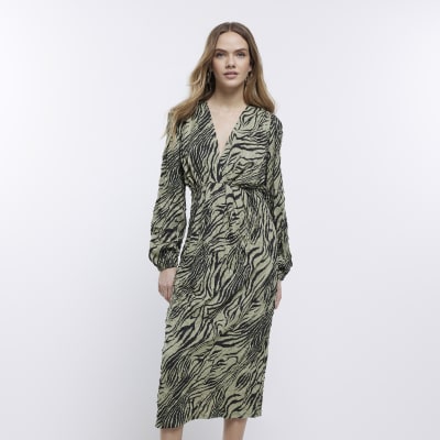 Khaki animal print crinkle midi dress | River Island