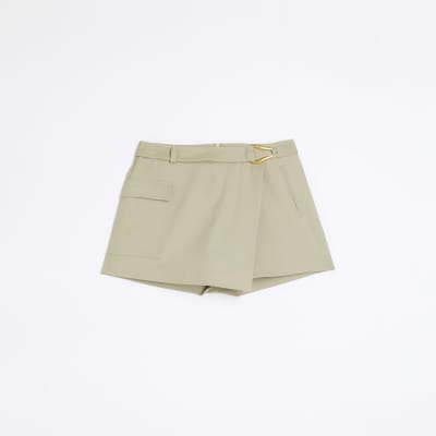 Khaki asymmetric belted cargo skort