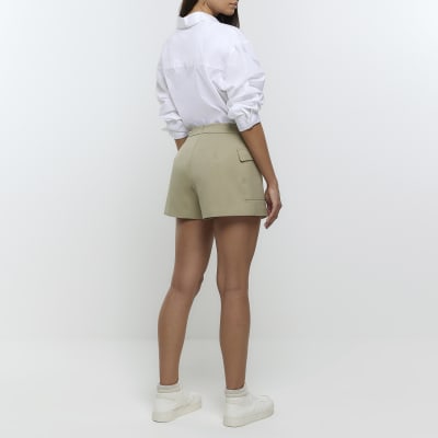 Khaki asymmetric belted cargo skort
