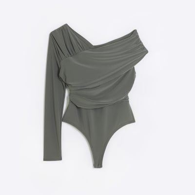 Khaki asymmetric one sleeve bodysuit River Island