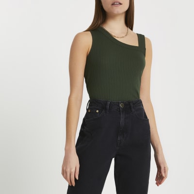 Khaki asymmetric ribbed vest