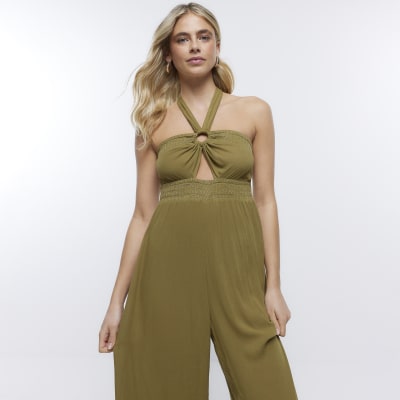 Khaki bandeau halter neck jumpsuit River Island