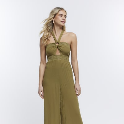 Khaki bandeau halter neck jumpsuit River Island