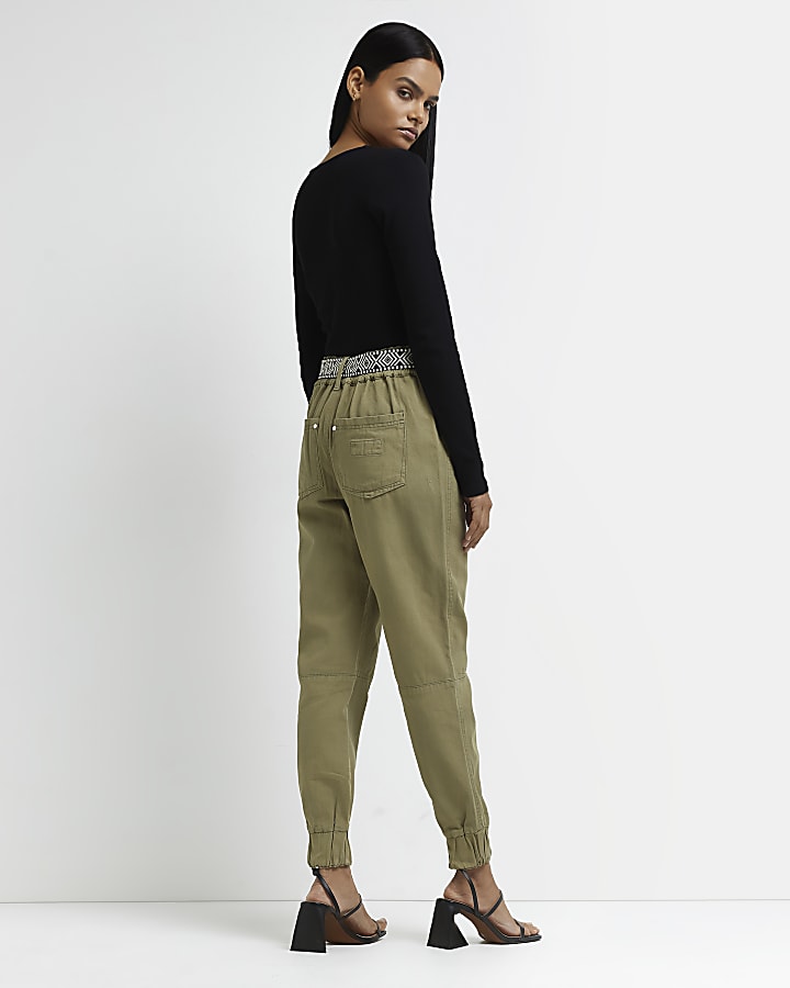 Khaki belted cargo trousers