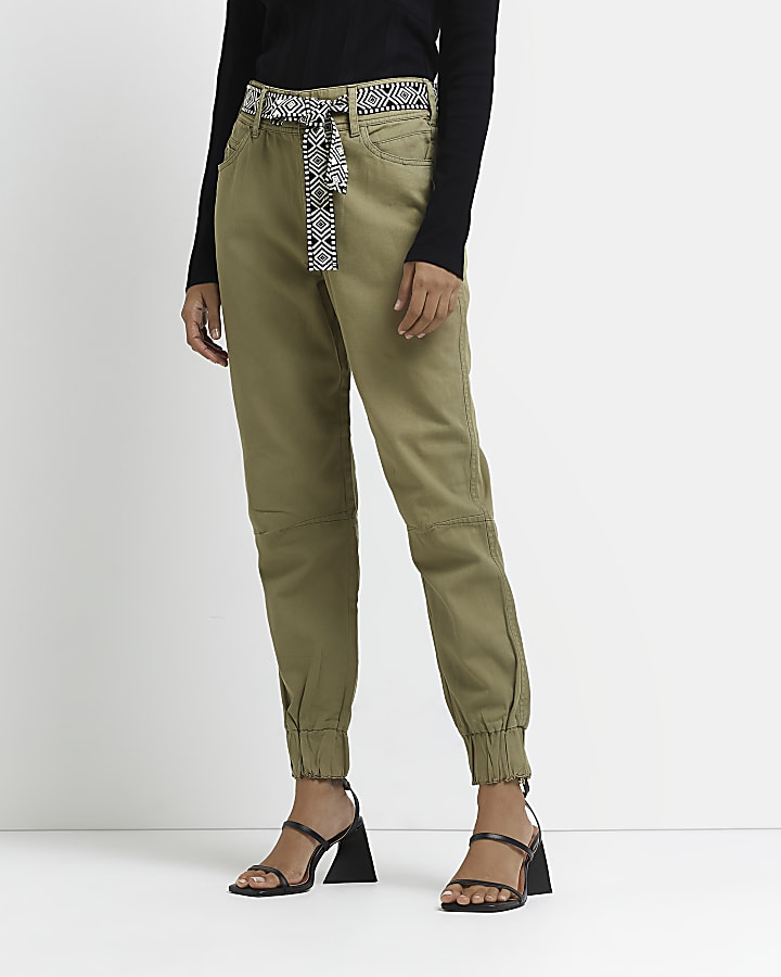 Khaki belted cargo trousers
