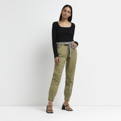 khaki denim belted trousers