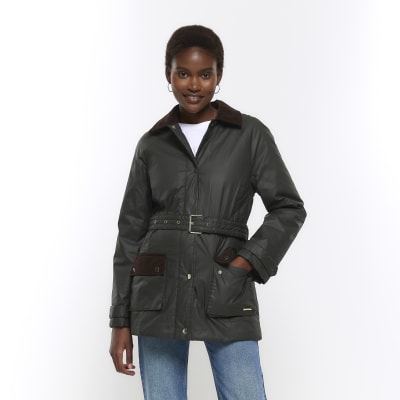 Khaki belted heritage waxed jacket | River Island