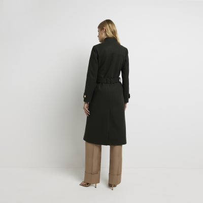 Khaki belted longline coat | River Island