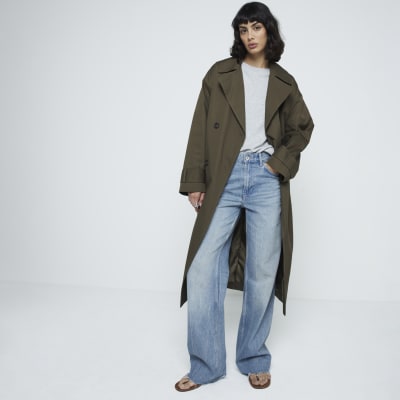 Khaki belted longline trench coat River Island