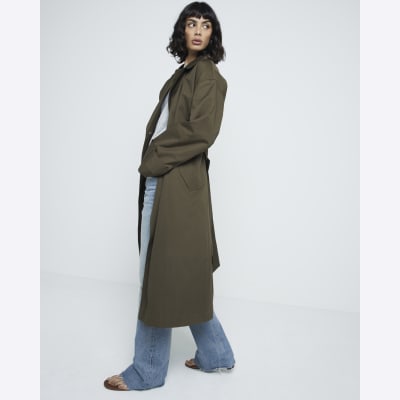 Khaki belted longline trench coat River Island