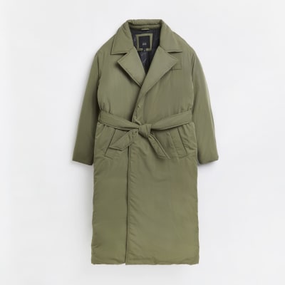 khaki belted puffer jacket