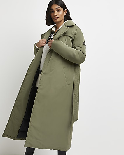 Khaki belted puffer trench coat
