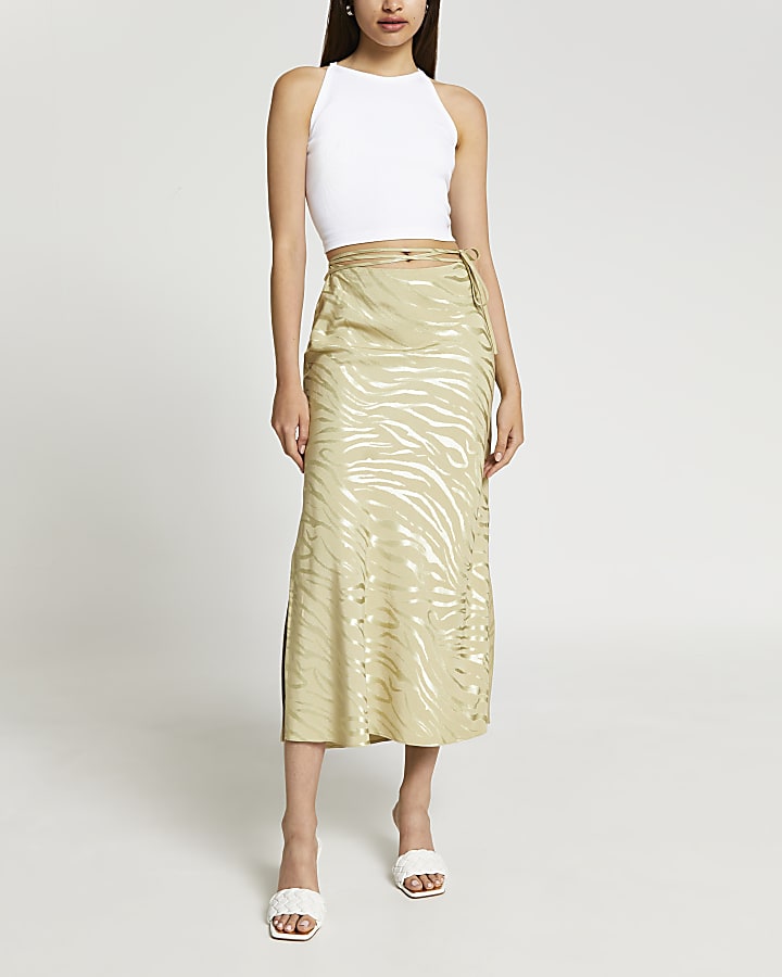 Khaki bias tie waist maxi skirt