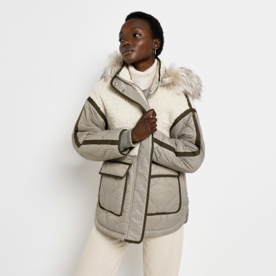 Khaki borg quilted jacket | River Island