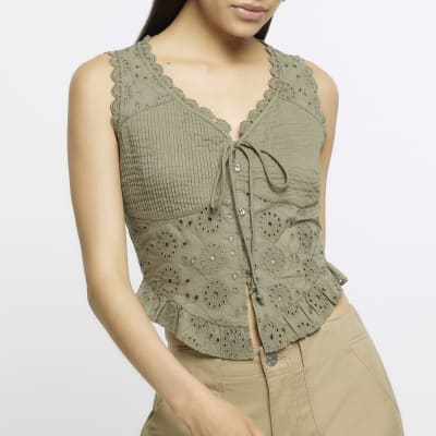 Khaki broderie corset top