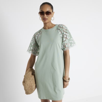 Khaki broderie sleeve mini t shirt dress