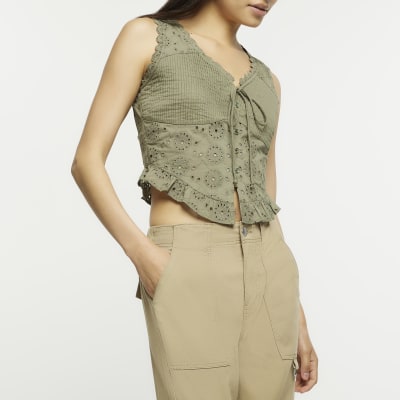 Khaki broderie sleeveless corset top