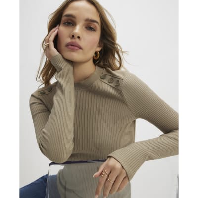 Khaki Button Shoulder Rib Top