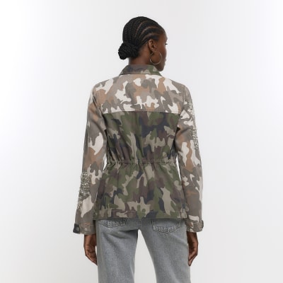 Khaki camo embellished utility shacket