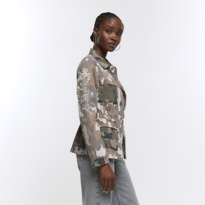 Khaki camo embellished utility shacket | River Island