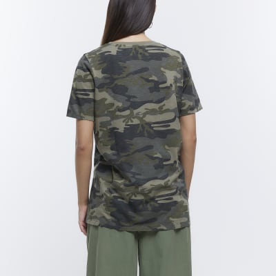 Khaki camo print diamante detail t-shirt